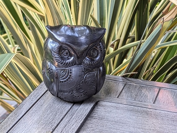 Ceramic Black Owl, Handmade Decorative Owl Statue Home Decor, Wise Owl Shelf Decor