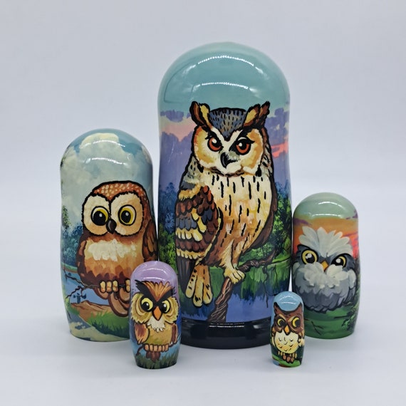 7" Nesting dolls 5 in 1 Owls in nature Matryoshka Ukrainian nesting dolls Home decor Artwork from Ukraine