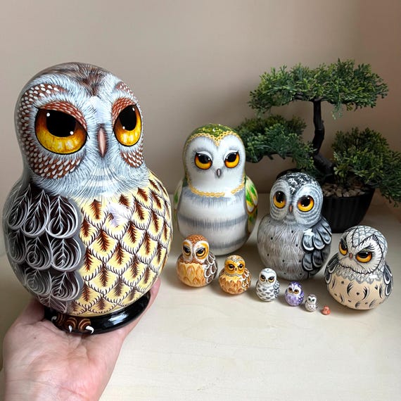 Big Size Olws Family Nesting Doll 10pcs 8” Unique High Quality Collection Art Doll, Wooden Matryoshka, Personalized Birthday Gift, Owl Decor