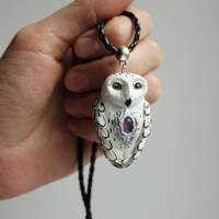 White owl pendt Amethyst jewelry Polar owls Snow owl pendant Winter Mood One of a kind 3d fi...