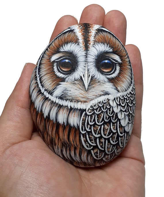 Tawny owl hand painted stone. Night bird original painting on rock, owl pebble art, painted with Acrylics and coated with satin varnish.