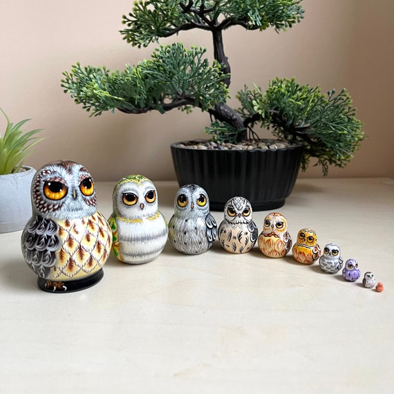 Mini Owl Set 10pcs 2,4” Miniature Collectible Hand Painted Wooden Matryoshka, Ukrainian Nesting Doll, Personalized Birthday Gift, Tiny Owls