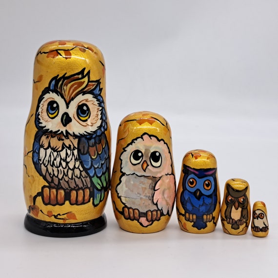 5" Owls Russian doll 5 in 1 Matryoshka Handmade and painted in Ukraine Bird doll Wooden toy for kids gifts collection