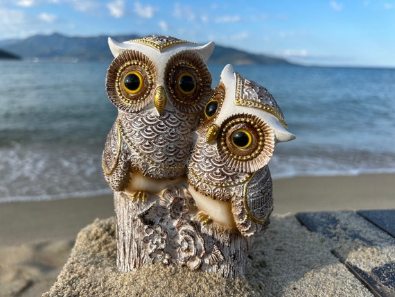 Handmade White and Brown Owl Family Figurine,White and Gold Owl,Owl Decor,Housewarming Gift