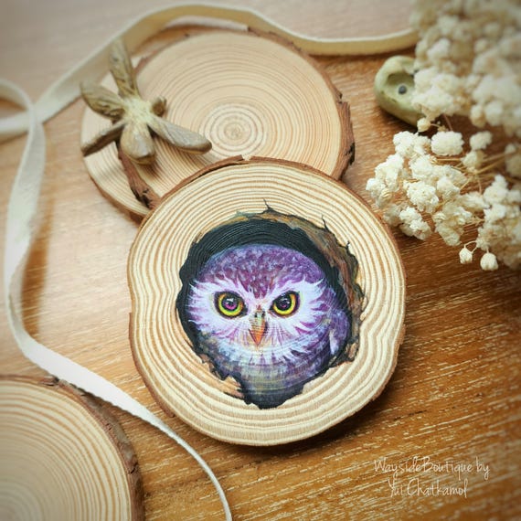 Charming Purple Owl Hand-Painted on Wood Slice - Original Art by Yui Chatkamol, wood painting,size 10x10 cm. Unique Home Decor