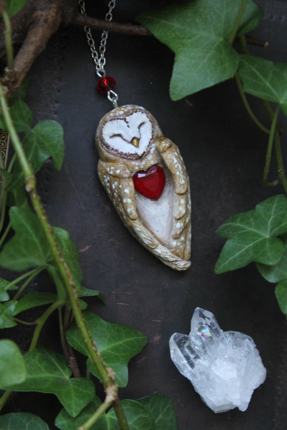 Barn Owl with Red Heart Necklace, Barn Owl Charm, Witch Mystic Owl Necklace, Owl Totem Necklace, Magic Owl Pendant, Fantasy Owl Necklace