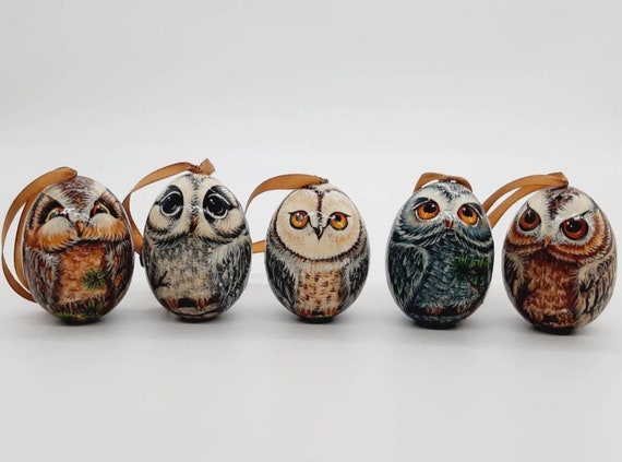 Christmas tree decorations 5 Owls Wooden egg ornaments Hand made in Ukraine Holiday toy Stunning Owls