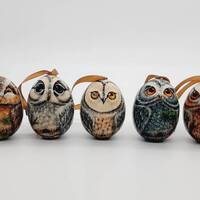 Christmas tree decorations 5 Owls Wooden egg ornaments Hand made in Ukraine Holiday toy Stun...