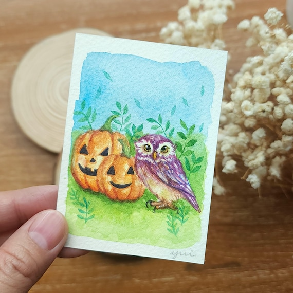 ACEO Original,Owl Halloween Hand-Painted Mini Watercolor Painting by Yui Chatkamol, Tiny halloween pumpkin, Mini Halloween cat