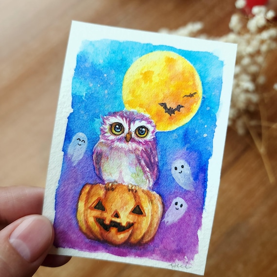 ACEO Original,Owl Halloween Hand-Painted Mini Watercolor Painting by Yui Chatkamol, Tiny halloween pumpkin, Mini Halloween cat