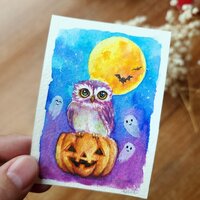 ACEO Original,Owl Halloween Hand-Painted Mini Watercolor Painting by Yui Chatkamol, Tiny hal...