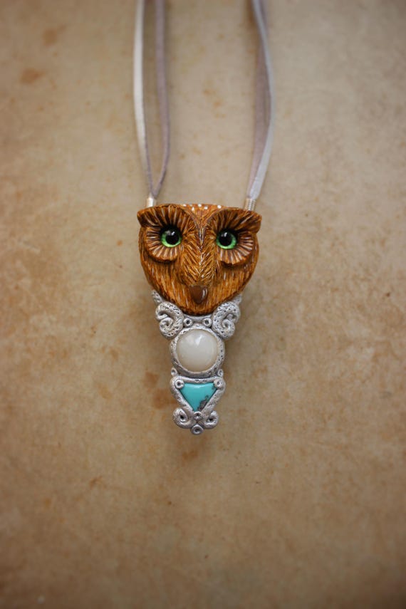 Long-eared owl necklace Pendant with turquoise Jewelry with natural stones Animal totem Amulet Owls Birds Animals