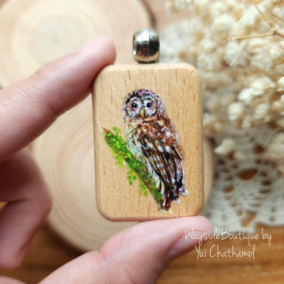 Charming barred owl Pendant, Hand-painted by Yui Chatkamol, size 3x4.5 cm