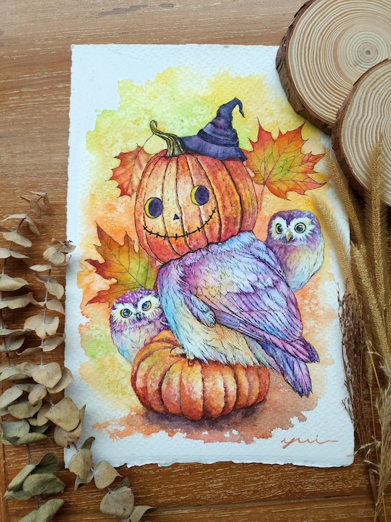 Original - Halloween Owls on Pumpkin Watercolor hand-painted by yui Chatkamol, size 7.5x11", pumkin head halloween, halloween night decor