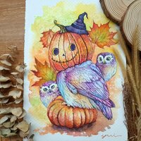 Original - Halloween Owls on Pumpkin Watercolor hand-painted by yui Chatkamol, size 7.5x11&q...