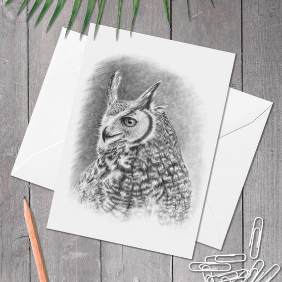 A5 Great horned owl greeting card, Owl birthday card, Bird of prey art, Hand-drawn, Any occasion, thank you, anniversary, owl lover card