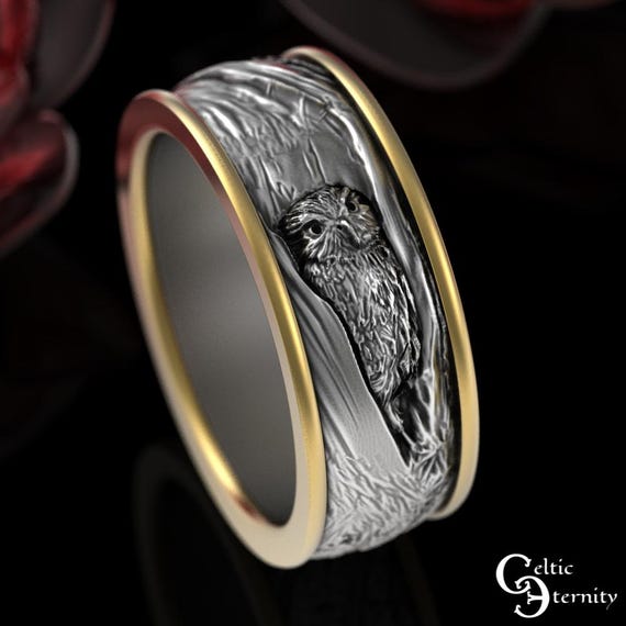 Grooms Sterling & 10K Gold Owl Wedding Band, 2-Tone Owl Tree Bark Handfasting Ring, Mixed Metal Mens Wedding Ring, BiColor Owl Ring, 4030