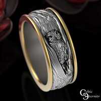 Grooms Sterling & 10K Gold Owl Wedding Band, 2-Tone Owl Tree Bark Handfasting Ring, Mixe...