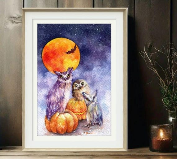 Halloween Owl Watercolor Art - High-Resolution JPG Digital Download, Hand-painted by Yui Chatkamol