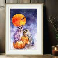 Halloween Owl Watercolor Art - High-Resolution JPG Digital Download, Hand-painted by Yui Cha...