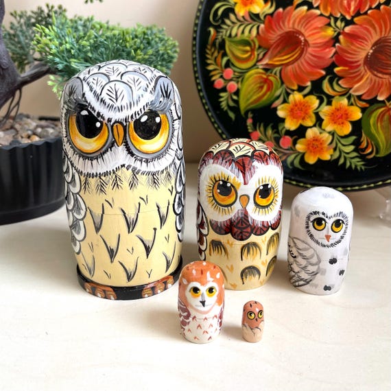 Cute Owls Nesting Doll 5pcs 4,2” Hand Painted Ukrainian Art Collection Matryoshka, Owls Home Decor, Personalised Birthday Treasure Kids Gift