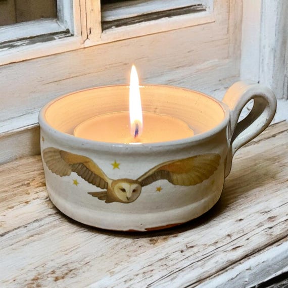 OWL T-LIGHT HOLDER - Barn Owl T- Lite Holder - Handmade Pottery Candle Holder With Large, Scented Candle - Handmade In Wales