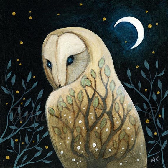 Unframed original painting titled "The Wise Owl" by Amanda Clark - owl art, original art, acrylic art, miniature art