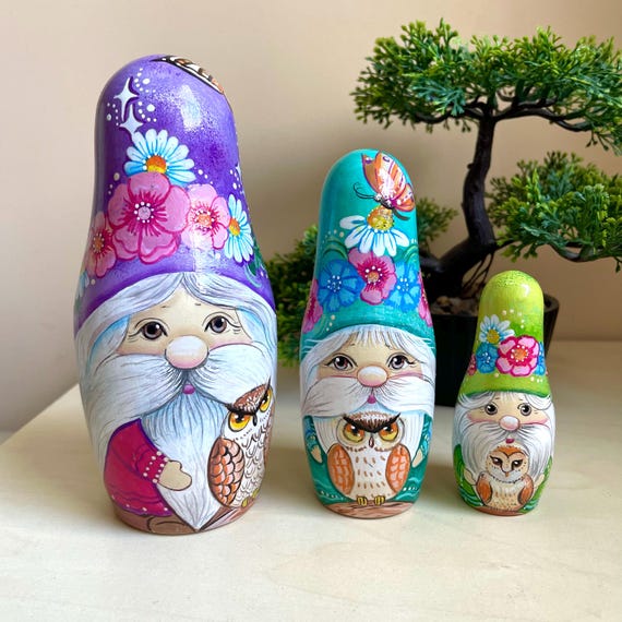 Amazing Gnomes with Owls Nesting Doll 3pcs 7” Hand Painted Wooden Matryoshka, Personalized Birthday Gift, Xmas Ornament, Christmas Kids Gift