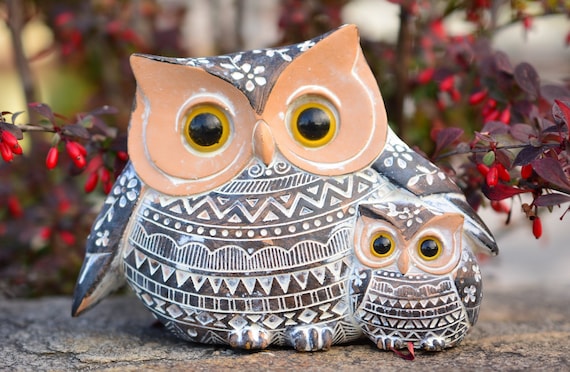 Handmade Owl Gift - Brown and White Mother and Baby Owl Figurine - Home Decor Accent