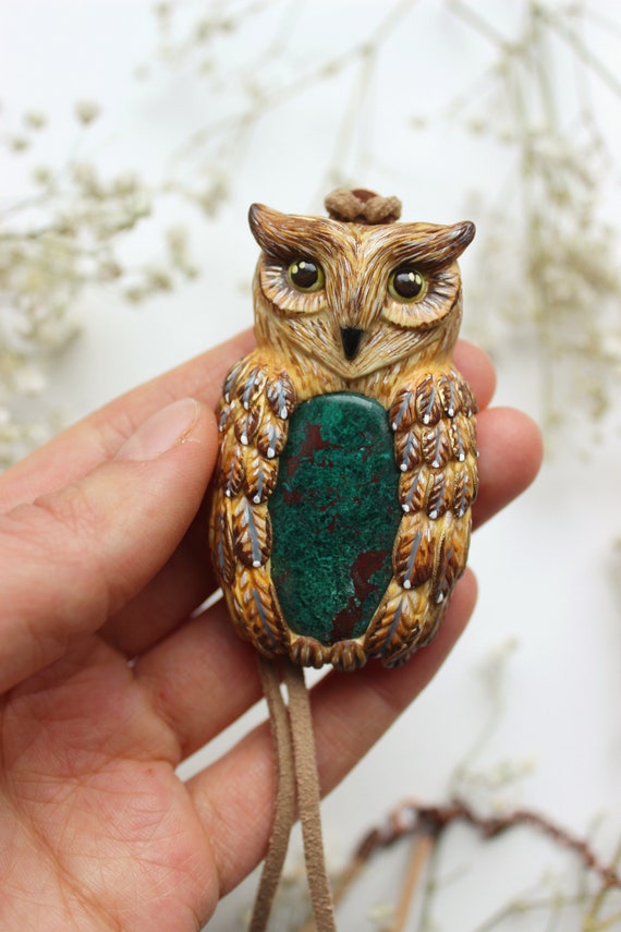 Owl necklace with chrysocolla Long eared owl Bird pendant Animal totem Amulet for  witch unique jewelry Handmade jewelry Birds Owls Art Gift