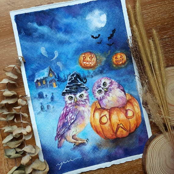 Original - Owl's Halloween Watercolor hand-painted by yui Chatkamol, size 7.5x11", pumkin halloween, halloween night decor