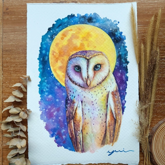 Original - Celestial Owl TV, Watercolor hand-painted by yui Chatkamol, size 7.5x11"