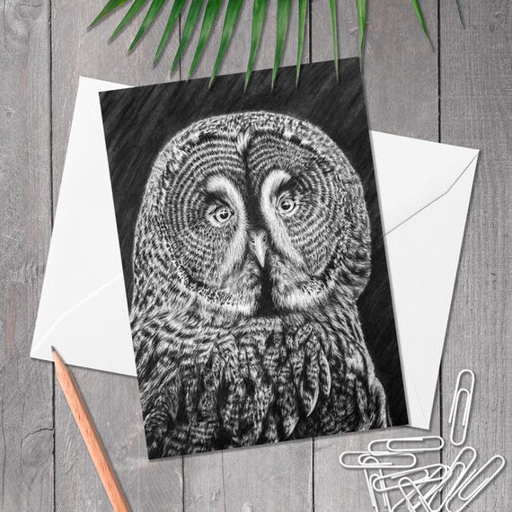 A5 Great grey owl greeting card, Owl birthday card, Bird of prey art, Hand-drawn, Any occasion, thank you, anniversary, owl lover card