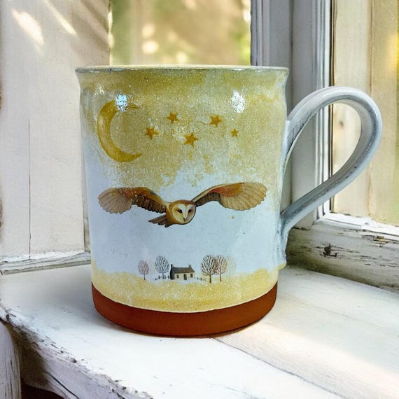 BARN OWL MUG - Handmade Pottery Owl Mug  - Terracotta Owl and Stars Pottery - Owl, Moon and Stars Mug - Handmade In Wales