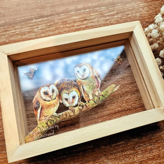 Hand-Painted Owl Watercolor Art in Wooden Frame – Unique Nature-Inspired Décor, Hand-painted by Yui Chatkamol