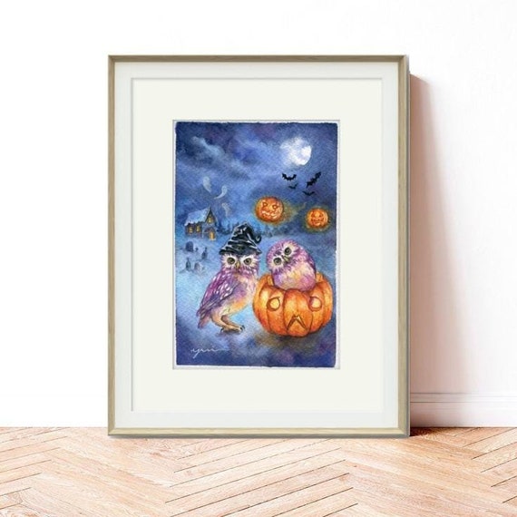 Halloween Owl Watercolor Art - High-Resolution JPG Digital Download, Hand-painted by Yui Chatkamol