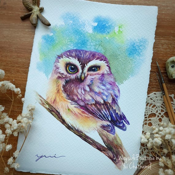 Owl - ORIGINAL watercolor hand-painted by yui Chatkamol, size 7.5x11 inches, owl wall art, house worming art decorations