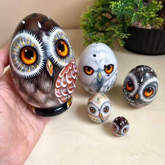 Unique Miniature Owls Wooden Set 5pcs 4”, Hand Painted Art Matryoshka, Personalized Birthday Gift, Owls Family Home Decor, Kids Xmas Gift,