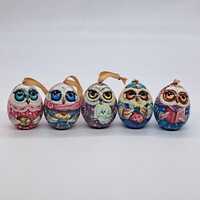 Christmas tree decorations Owls family Wooden egg ornaments 5 pieces set Hand made in Ukrain...