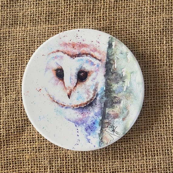 Barn Owl Ceramic Coaster with Cork Base, Large 10cm Round Coaster. From a Watercolour Painting by Wildlife Artist Sandi Mower