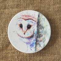 Barn Owl Ceramic Coaster with Cork Base, Large 10cm Round Coaster. From a Watercolour Painti...