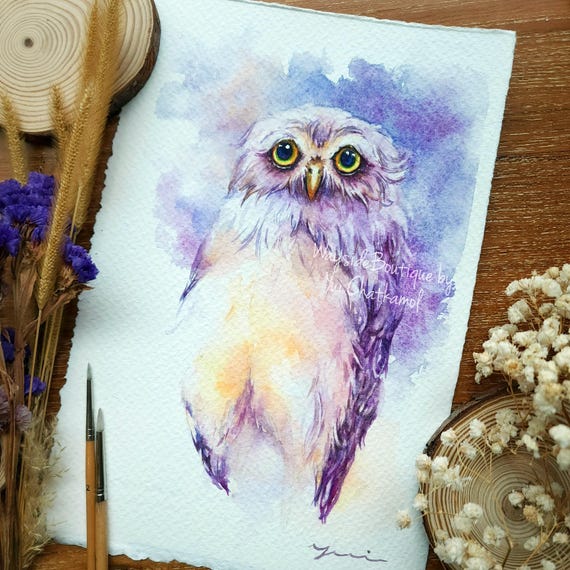 ORIGINAL Whimsical Owl watercolor painting 7.5x11 inches, Hand-painted by Yui Chatkamol, owl lover, owl watercolour