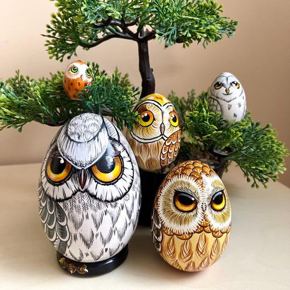 Grey Owl Nesting Egg 5pcs 4,3” Miniature Collectible Art Doll, Owls Wooden Room Decor, Personalized Birthday Gift, Xmas Ornament, Baby Owl