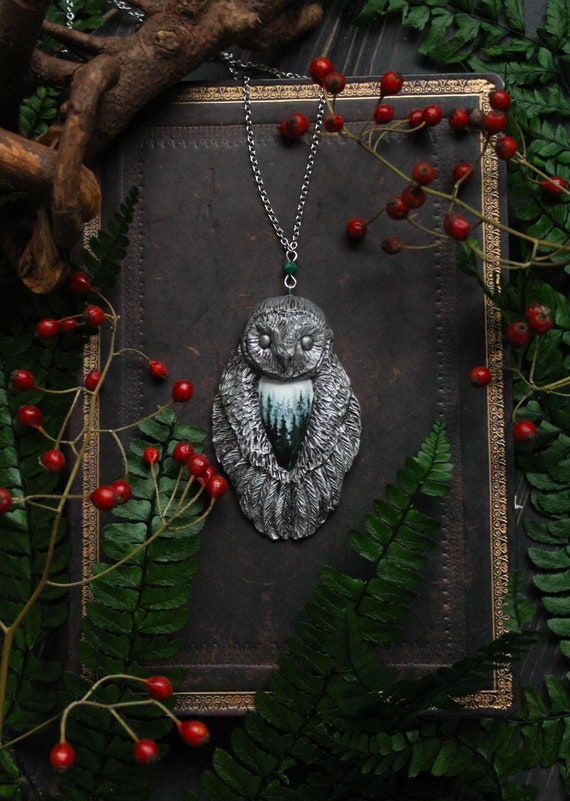 Barn Owl with Misty Forest Necklace, Barn Owl Charm, Witch Mystic Owl Necklace, Owl Totem Necklace, Magic Owl Pendant, Fantasy Owl Necklace