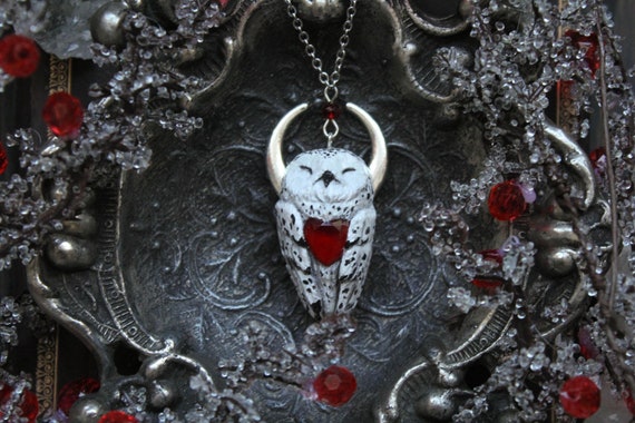 Snow Owl with Red Heart Necklace, White Owl Charm, Witch Mystic Owl Necklace, Owl Totem Necklace, Magic Owl Pendant, Fantasy Owl Necklace