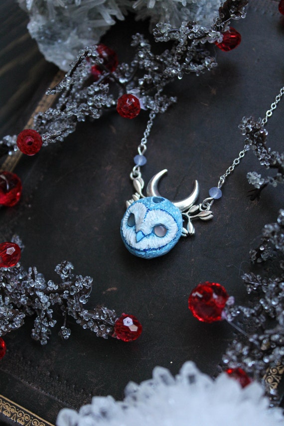 Three-eyed Blue Barn Owl Necklace with Crescent Moon, Blue Owl Spirit Charm, Witchy Owl Jewelry