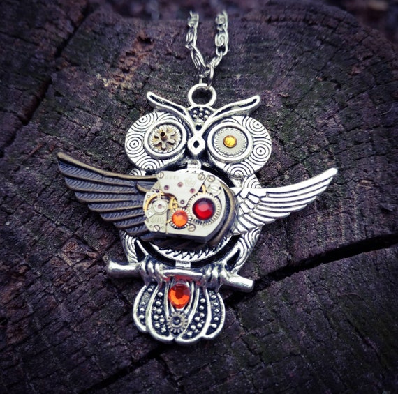 Owl jewelry necklace Steampunk Bird pendant Fantasy Wings Heart Totem Amulet Gift for girlfriend women Steam punk Owls Vintage Watch parts