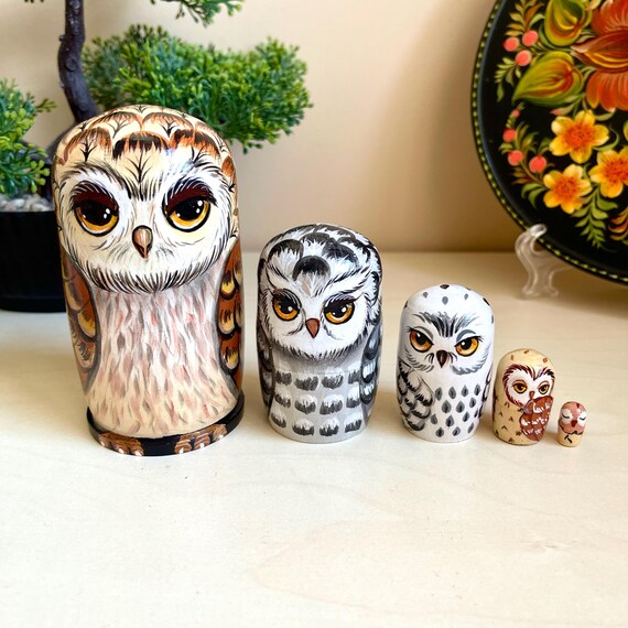 Sleepy Owls Nesting Doll 5pcs Wooden Set 4,2” Cute Owls Matryoshka, Personalized Birthday Gift, Owls Kids Room Decor, Collectible Art Doll,