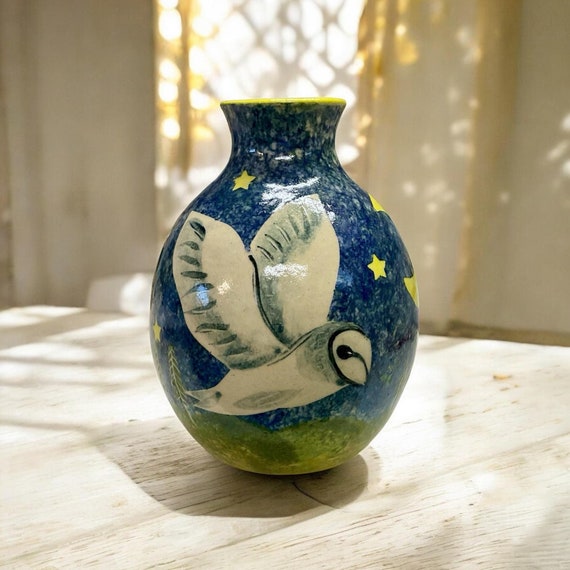 OWL VASE - Handmade Pottery -  Hand Painted Owl Moon Vase -  Owl Pottery - Flying Owl Vase - Night Owl - Handmade In Wales