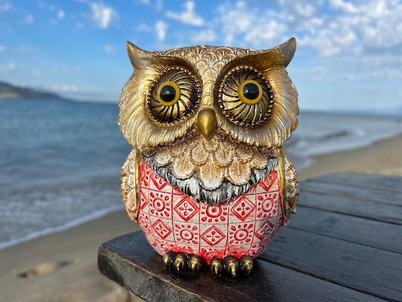 Gold and Red Owl Figurine with Big Eyes - Handmade Christmas Gift for Owl Lovers